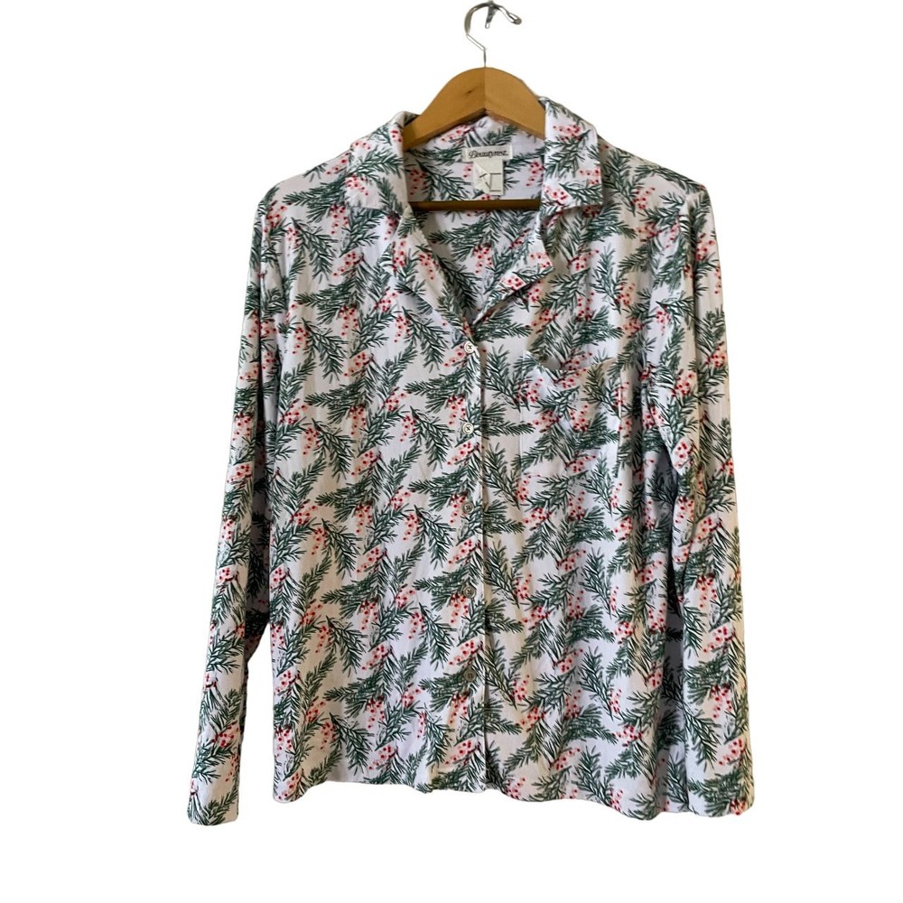 Beautyrest Womens Notch Pajama Top Size L White Green Christmas Holly Berry NWOT